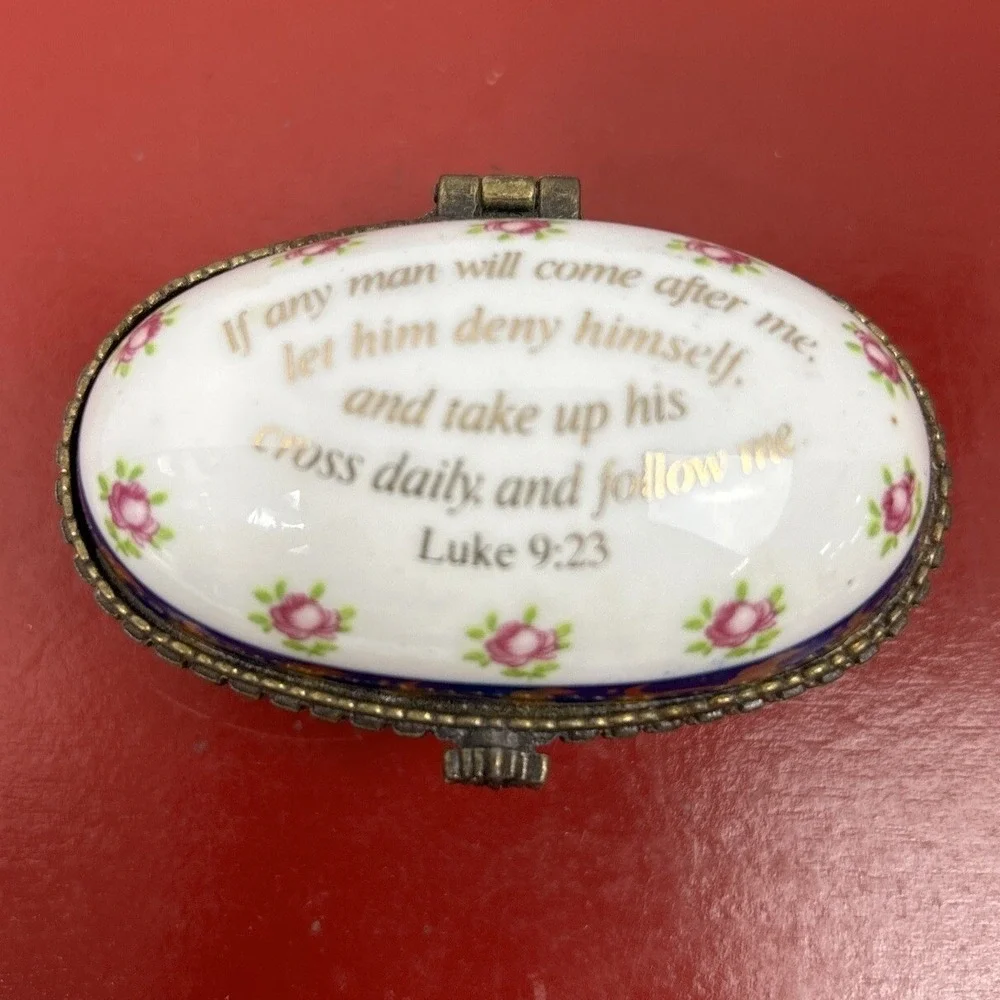 Imperial‎ Porcelain Trinket Box Luke 9:23 Religious Hinged Bible Verse Gold
